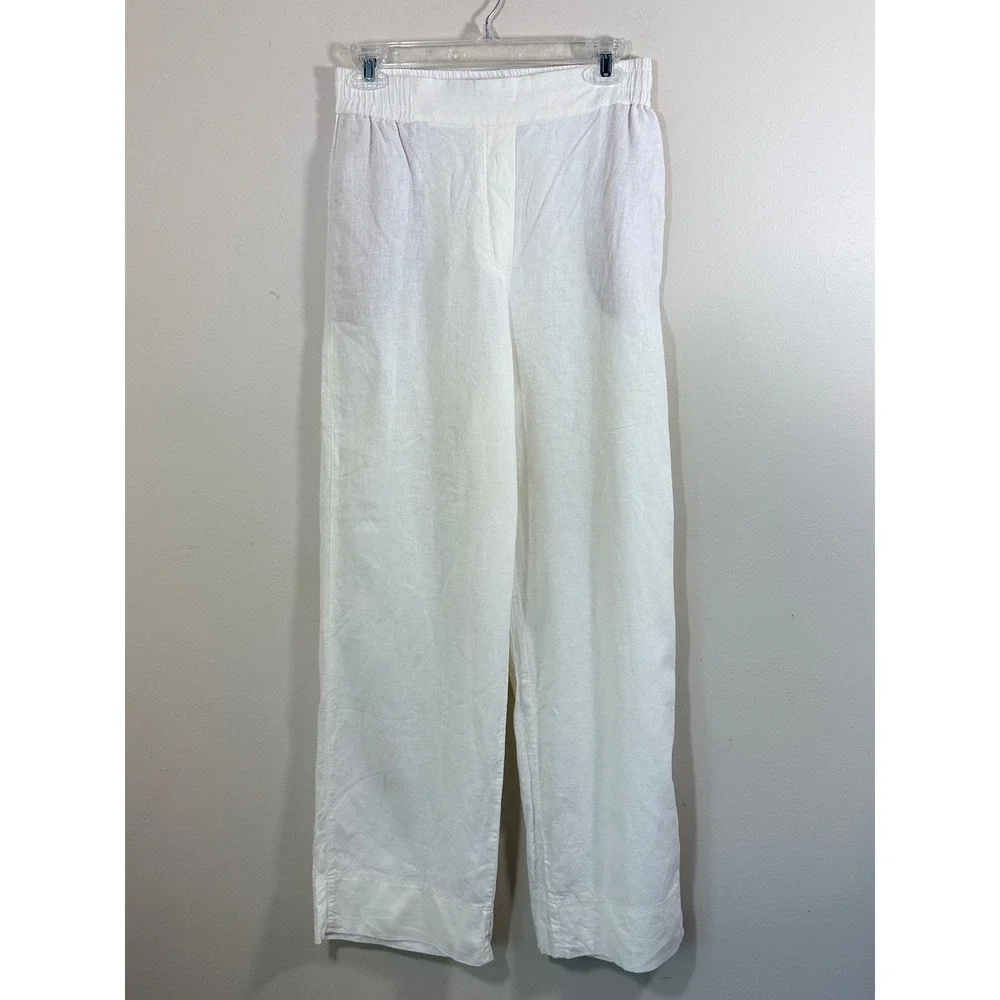 Zara Womens S White Linen Blend Wide Leg Pants Coastal Minimalist Quiet Luxury